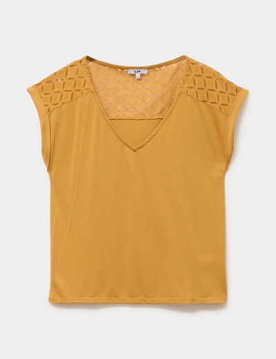 T-shirt col en V ajour&eacute; &eacute;paules et dos jaune moutarde femme