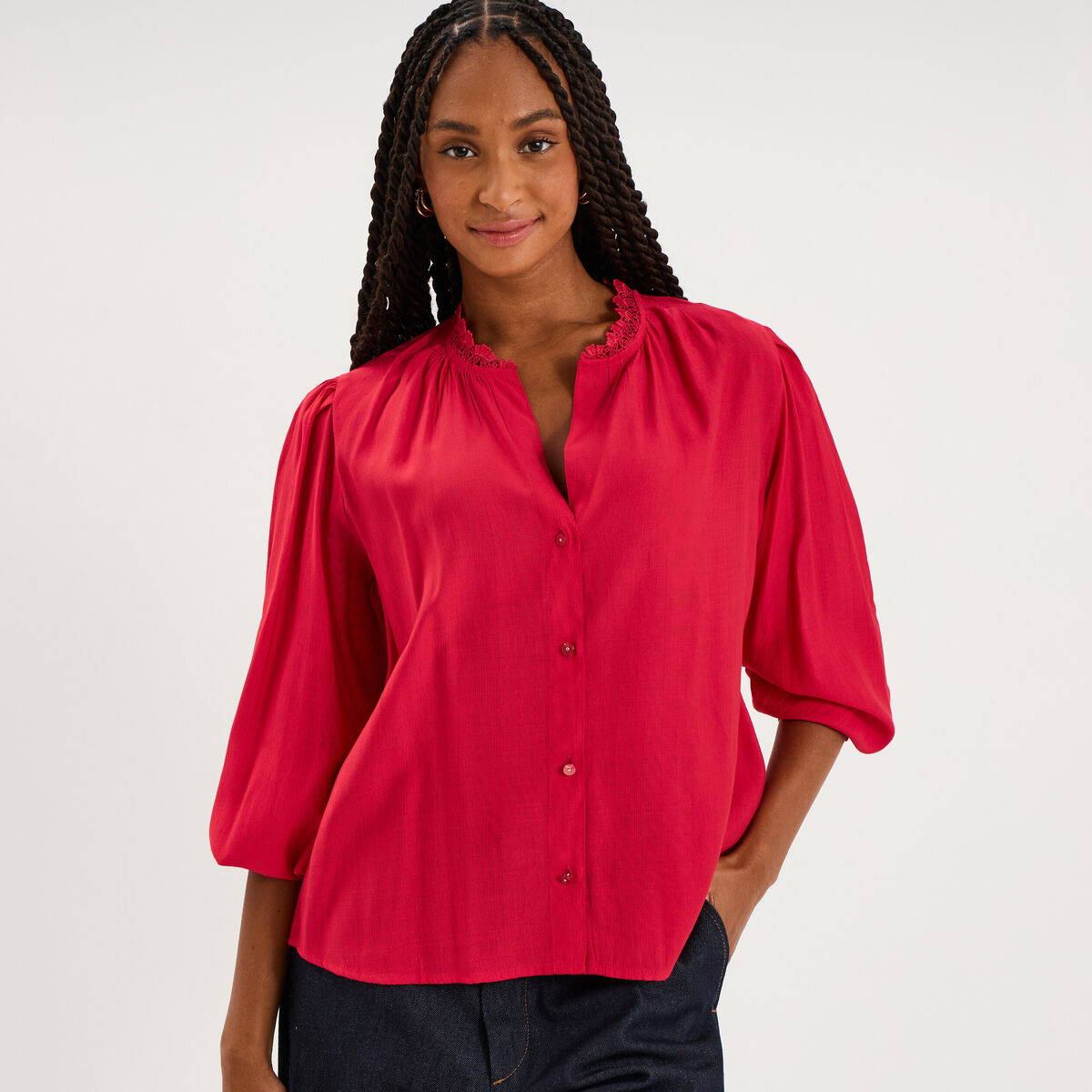 Blouse manches longues col dentelle rose cerise femme