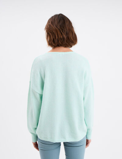 Pull col en V manches longues bleu turquoise femme