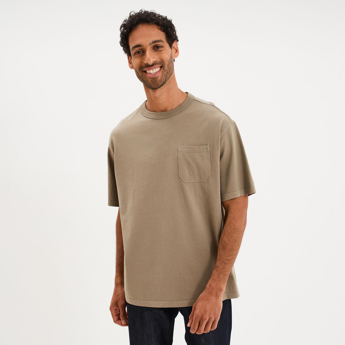 T-shirt droit col rond 1 poche coton vert kaki homme