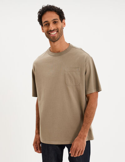T-shirt droit col rond 1 poche coton vert kaki homme
