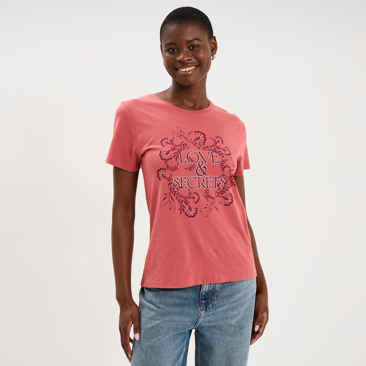 T-shirt ajust&eacute; manches courtes coton vieux rose femme
