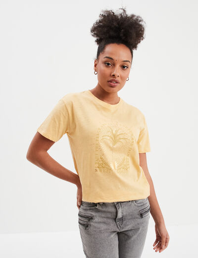 T-shirt droit manches courtes col rond jaune clair femme