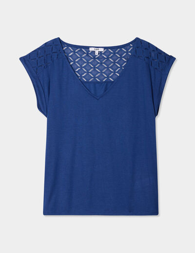 T-shirt col en V dentelle épaules et dos bleu marine femme