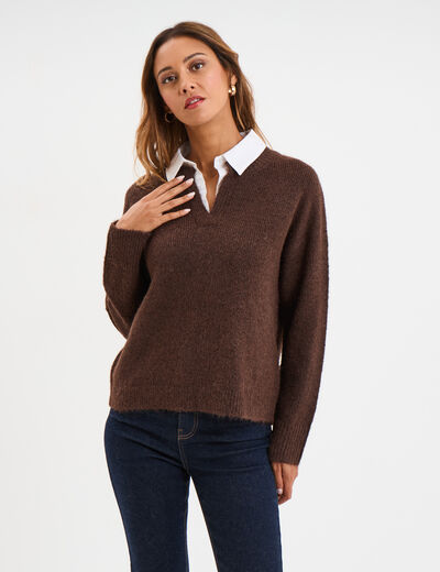 Pull 2-en-1 col chemise manches longues marron fonc&eacute; femme