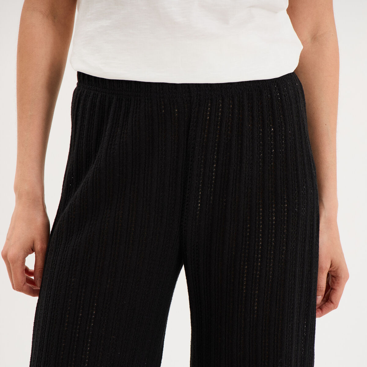 Pantalon large effet crochet &eacute;lastiqu&eacute; noir femme