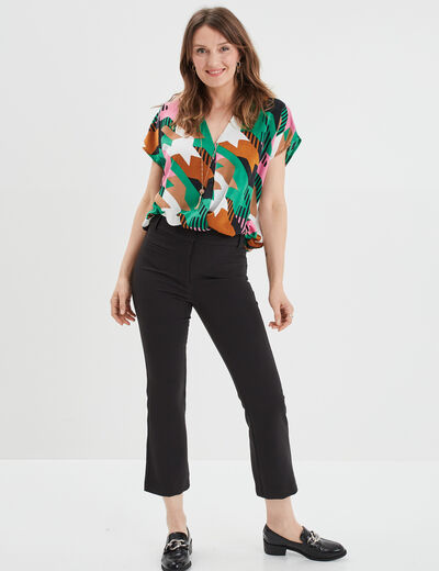 Blouse bijoux col en V manches courtes ecru femme