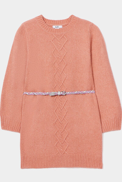 Robe pull avec torsades et ceinture rose fille