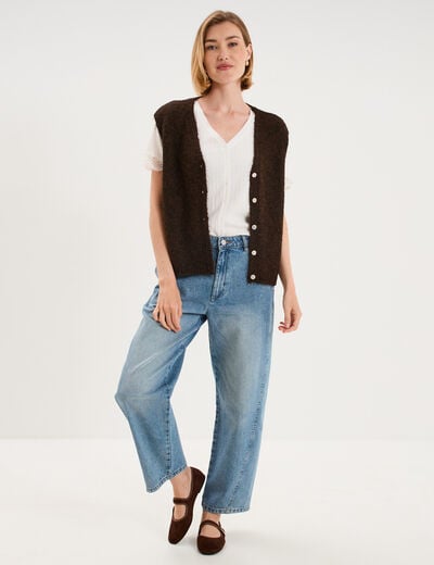 Blouse manches courtes col V dentelle blanc femme