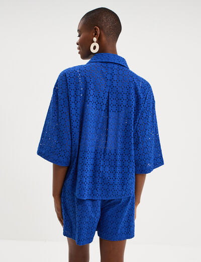 Chemise broderie anglaise coton bleu electrique femme