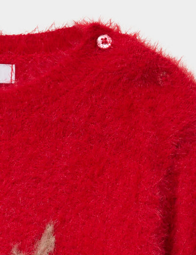 Pull mailles duveteuses col rond rouge b&eacute;b&eacute; fille