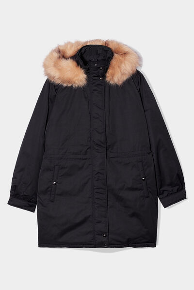 Parka à capuche bordure fourrure noir femme grande taille