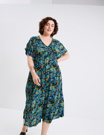 Robe fluide longue col en V vert émeraude femme grande taille