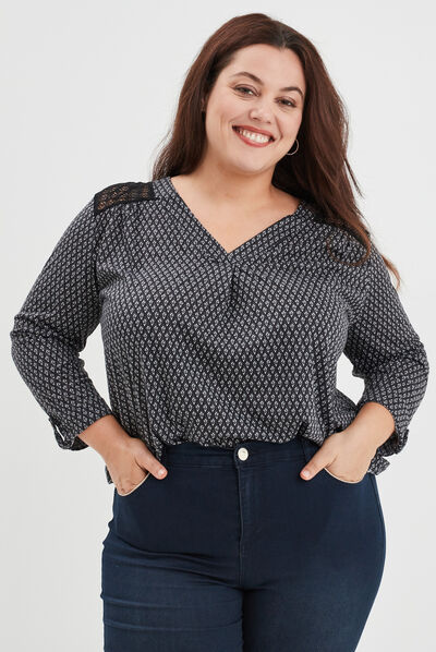Blouse manches 3/4 épaules dentelles noir femme grande taille
