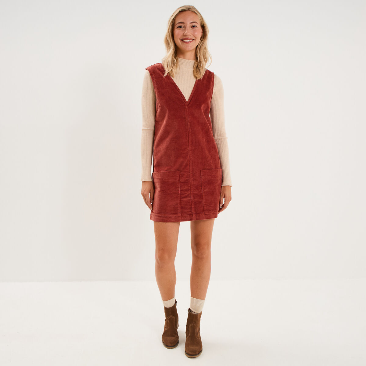 Robe chasuble courte effet velours rouge fonc&eacute; femme