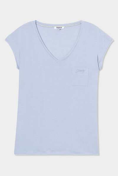 T-shirt col v poche poitrine Creeks bleu clair femme
