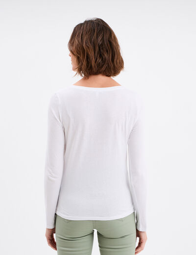 T-shirt col en V manches longues coton blanc femme
