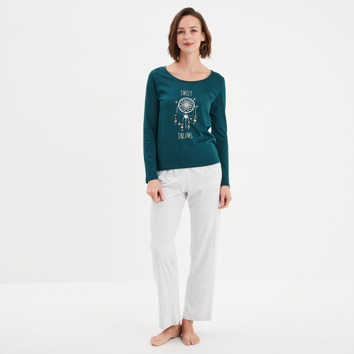 Ensemble pyjama 2 pièces coton vert foncé femme