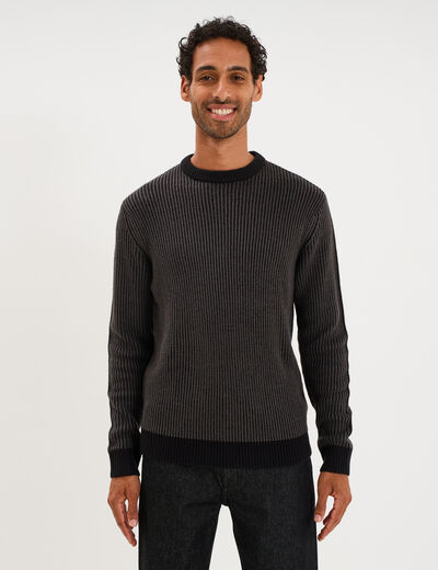 Pull c&ocirc;tel&eacute; col rond manches longues noir homme