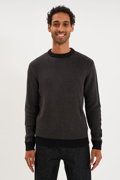 Pull c&ocirc;tel&eacute; col rond manches longues noir homme