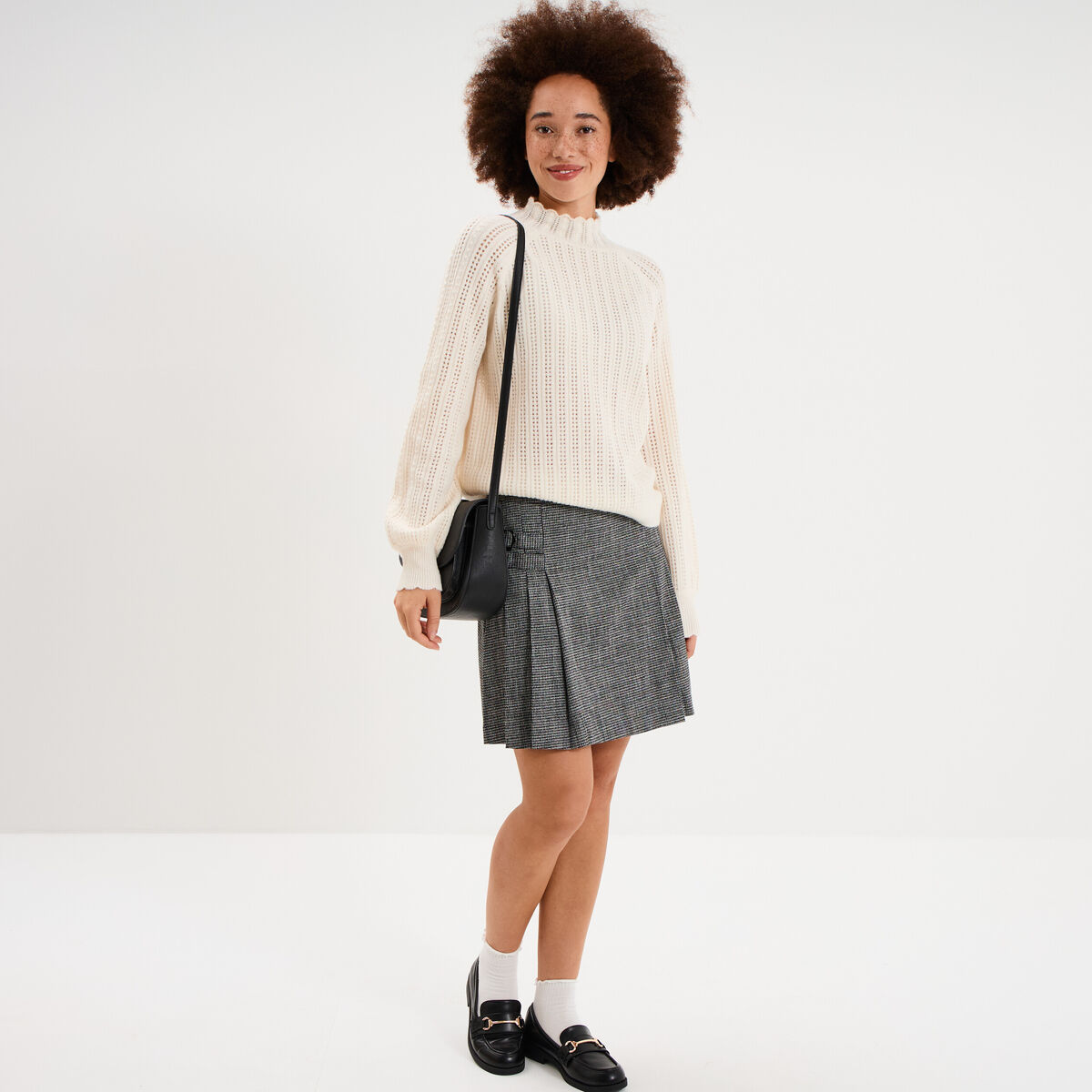 Pull col montant textur&eacute; manches longues blanc femme