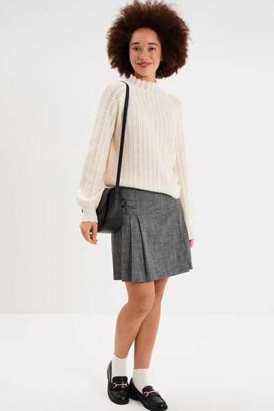 Pull col montant textur&eacute; manches longues blanc femme