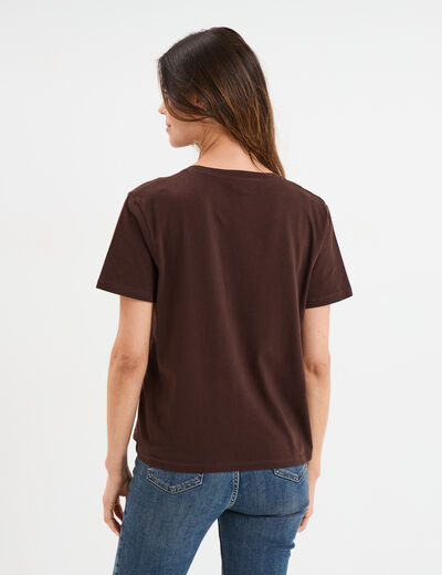 T-shirt col rond manches courtes coton marron foncé femme