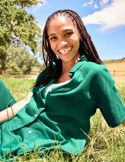Chemise manches courtes lin m&eacute;lang&eacute; vert canard femme