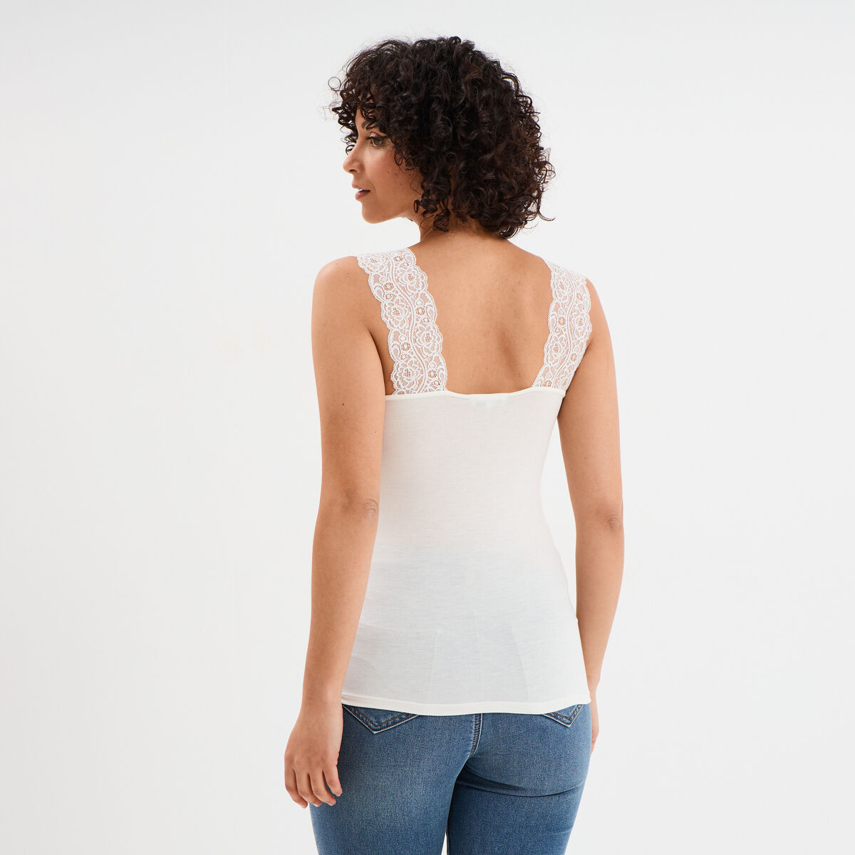 D&eacute;bardeur ajust&eacute; avec dentelle col V blanc femme