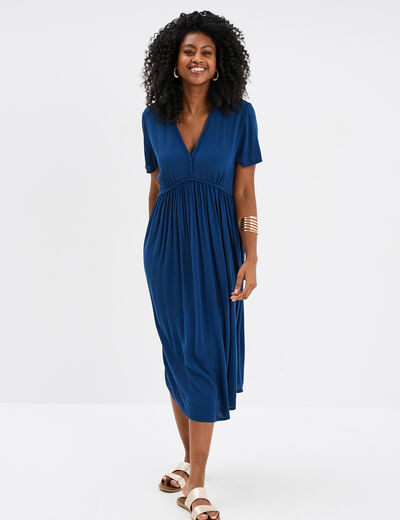 Robe midi fluide manches courtes bleu marine femme