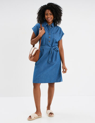 Robe en jean courte ceinturée denim double stone femme