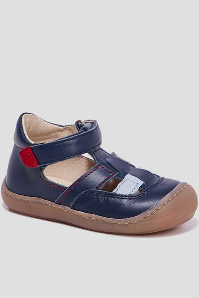 Salomés à scratchs en cuir bleu bébé garçon