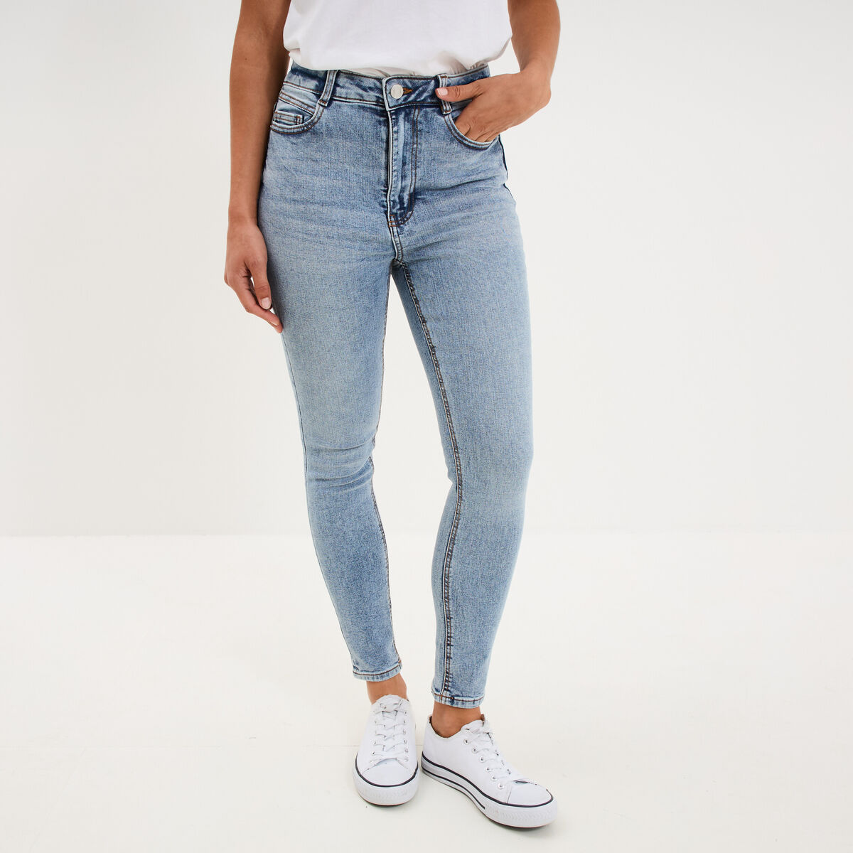 Jeans skinny taille haute cropped denim double stone femme
