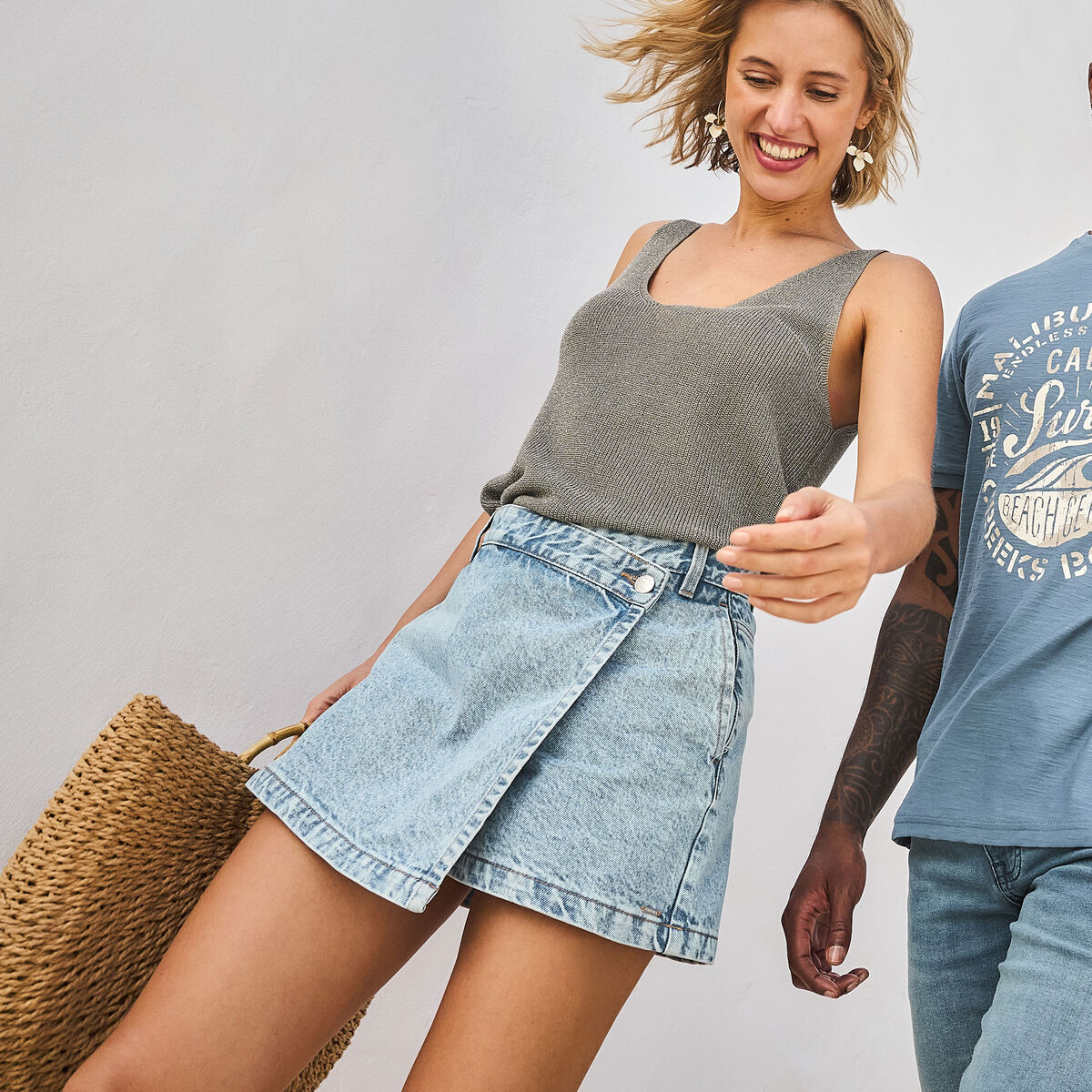 Jupe-short en jean coton denim bleach femme