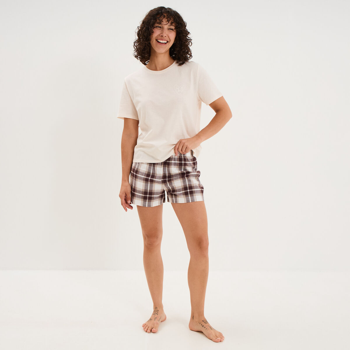 Ensemble pyjama short et t-shirt coton marron femme