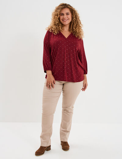 Blouse col en V manches 3/4 bordeaux femme grande taille