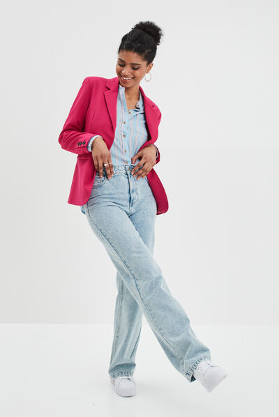 Veste droite boutonnée manches longues rose framboise femme