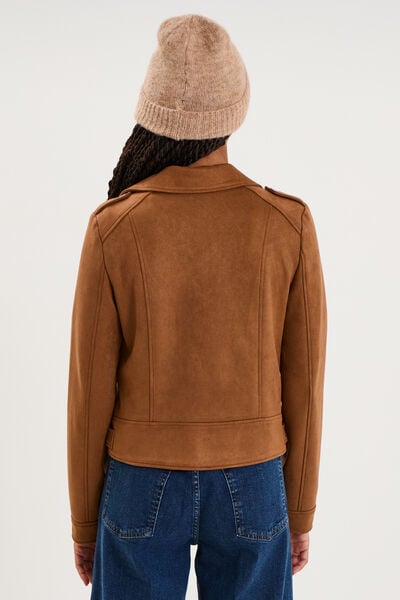 Veste biker en su&eacute;dine ajust&eacute;e camel femme