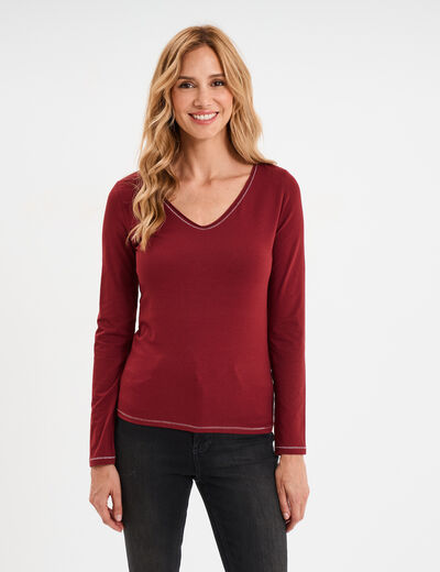T-shirt manches longues col en V coton bordeaux femme