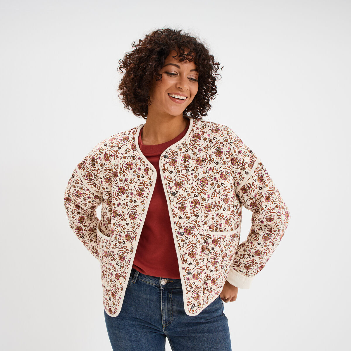 Veste matelassée col rond coton blanc femme