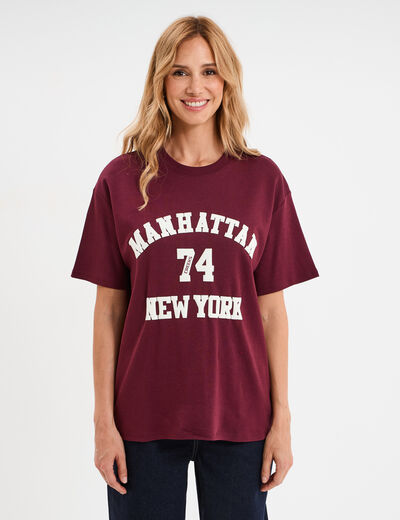 T-shirt col rond manches courtes coton bordeaux femme