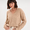Pull col V ajour&eacute; manches longues beige femme