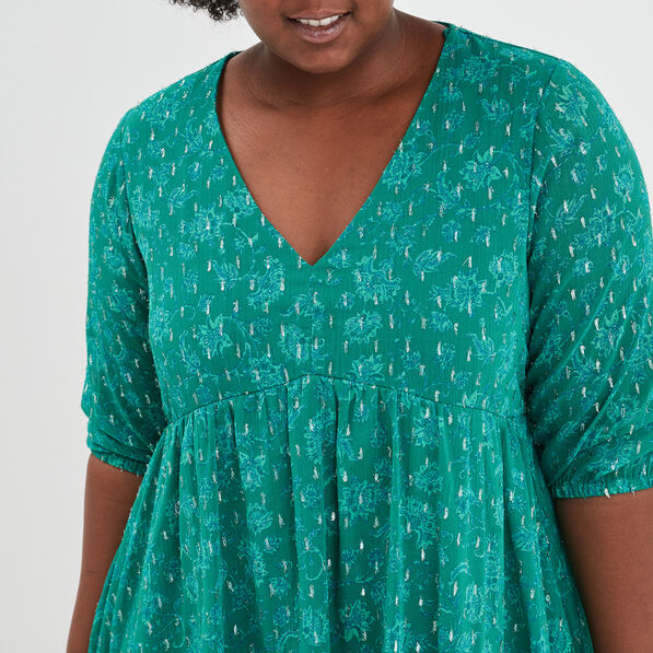 Robe patineuse fils métallisés col en V vert femme grande taille