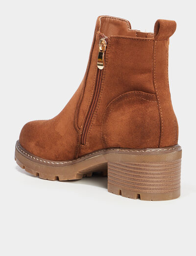 Bottines &agrave; talons effet daim zipp&eacute;es marron femme