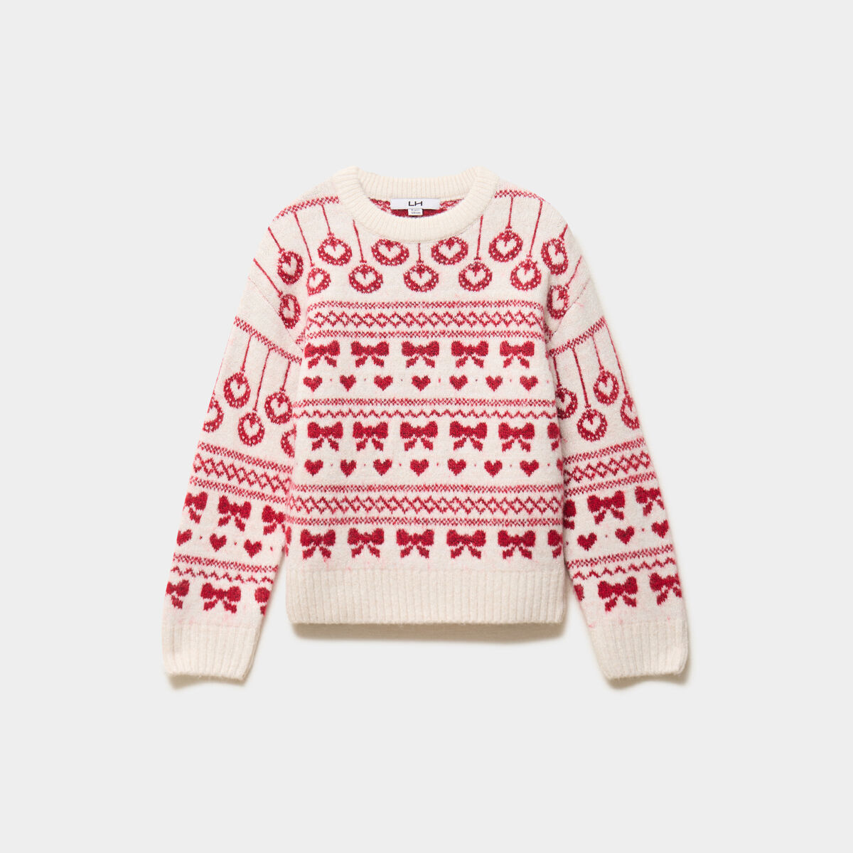 Pull manches longues col rond jacquard ecru fille