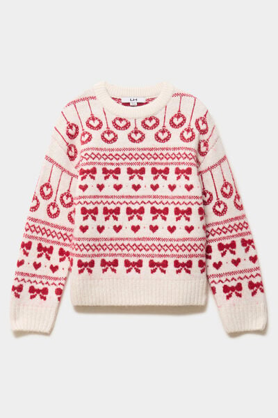 Pull manches longues col rond jacquard ecru fille