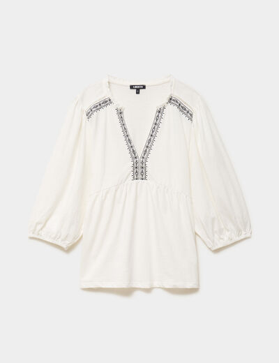 Blouse col tunisien brod&eacute; coton blanc femme