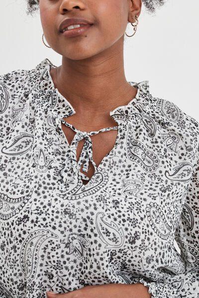 Blouse manches longues col montant ecru femme