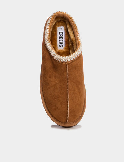 Mules fourr&eacute;es d&eacute;tails brod&eacute;s marron femme