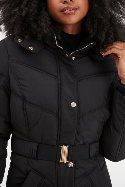 Doudoune longue ceinturée à capuche noir femme